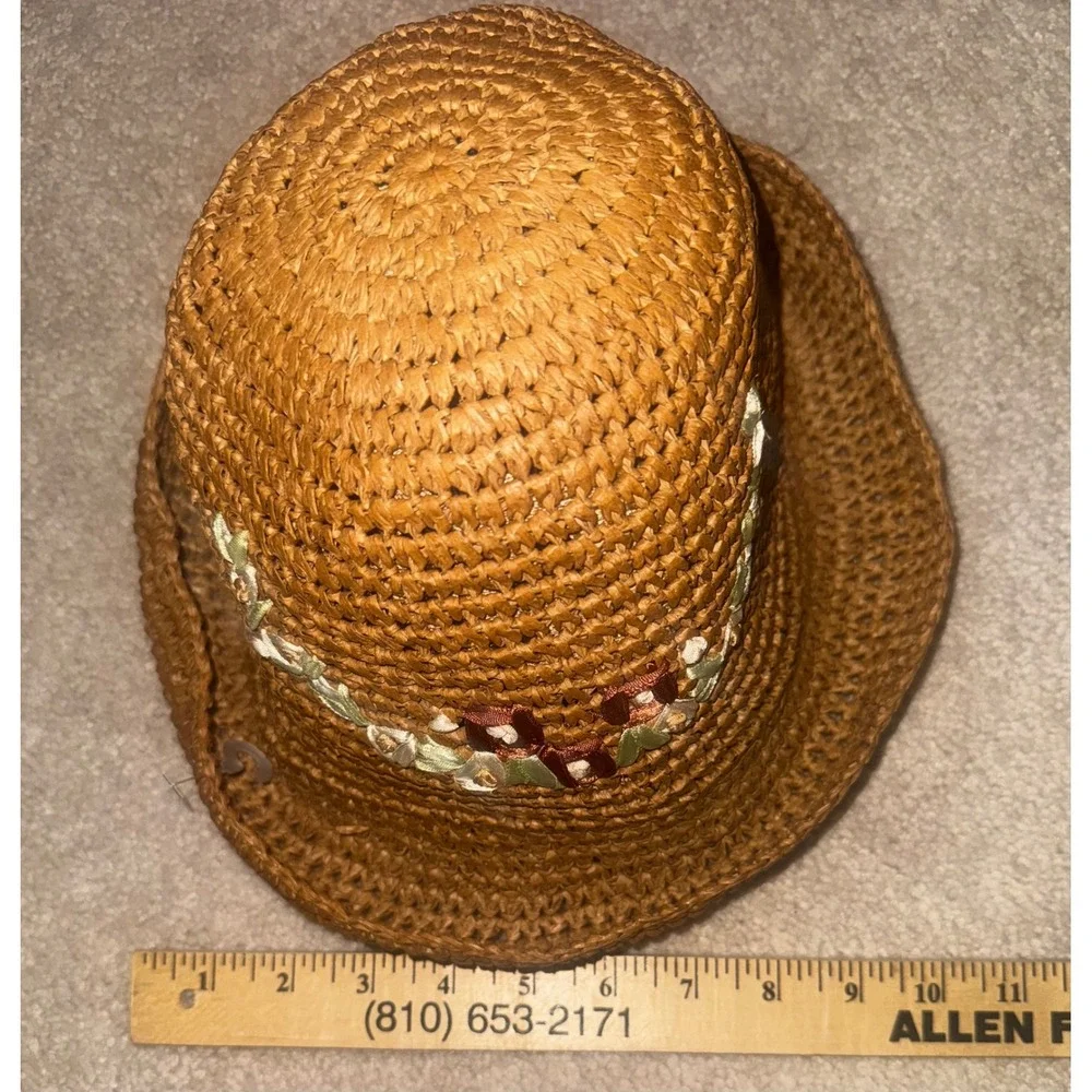 Woven Straw Bucket Hat Floral Embellishment Flowers Summer Beach Vacation Women